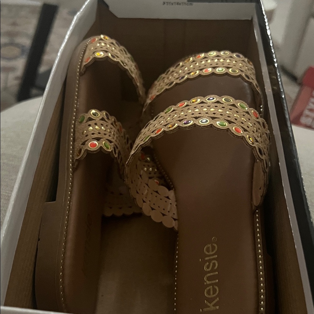 Kensie Women's Tan Sandals with Colorful Embellishments